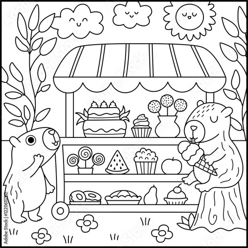 Vector black and white capybara landscape illustration. Cute line square scenery with capibaras sitting in rolling snack cart. Funny scene, coloring page with animal in candy shop drinking, eating