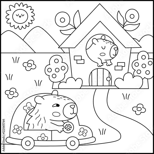 Vector black and white capybara landscape illustration. Cute line square scenery with capibara driving car with flowers to the house. Funny scene, coloring page with adorable animals