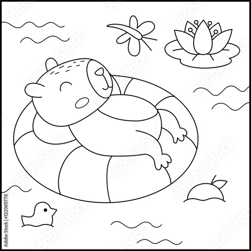 Vector black and white capybara landscape illustration. Cute square scenery with capibara swimming and lying and swimming on floatie. Funny line scene, coloring page with animal in pond