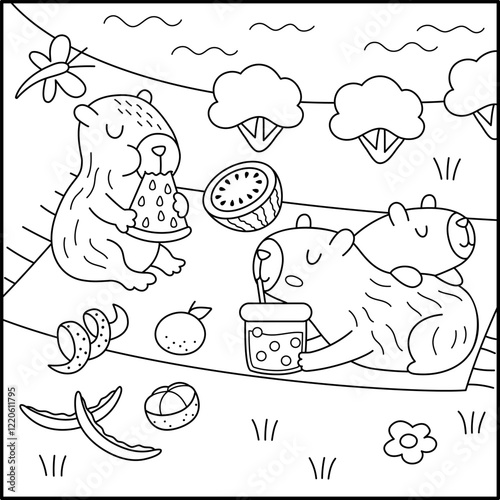 Vector black and white capybara landscape illustration. Cute line square scenery with capibaras sitting on each other, drinking bubble tea, eating watermelon near pond. Funny scene, coloring page