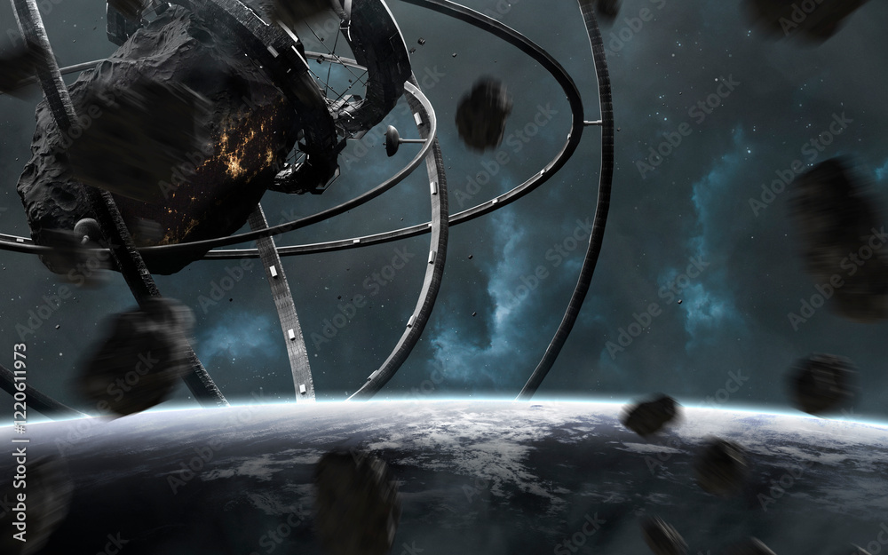 3D illustration of A huge space station - an artificial structure. High quality digital space sci-fi art in 5K - realistic visualization. Render