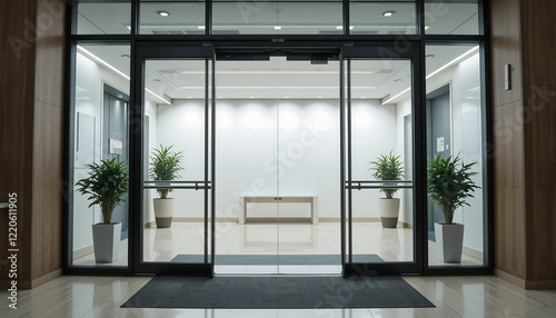 Bright and welcoming office entryway with automatic glass doors opening