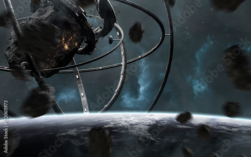 Obraz na płótnie 3D illustration of A huge space station - an artificial structure. High quality digital space sci-fi art in 5K - realistic visualization. Render w salonie
