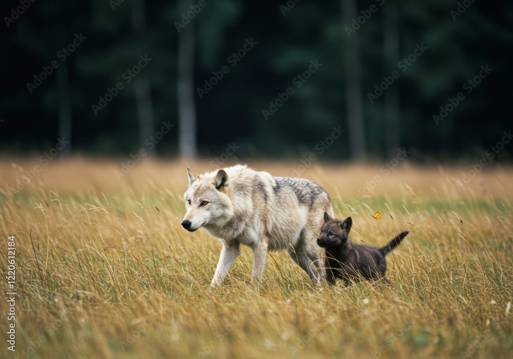 Fototapeta premium A realistic photograph of a wolf in a field with tall grass, featuring a dark forest background with back daylight