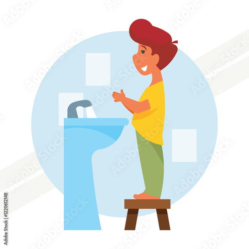 A boy washing his hands in the bathroom representing hygiene and cleanliness