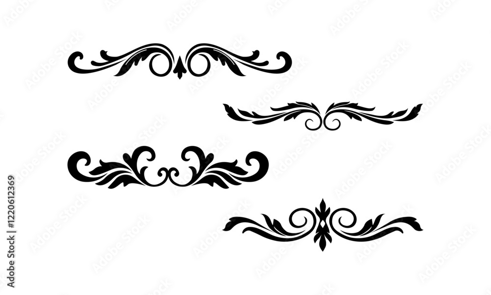 Flourish Border Line Silhouette Set In Black And White Flourish Border Line Silhouette Set In Black And White