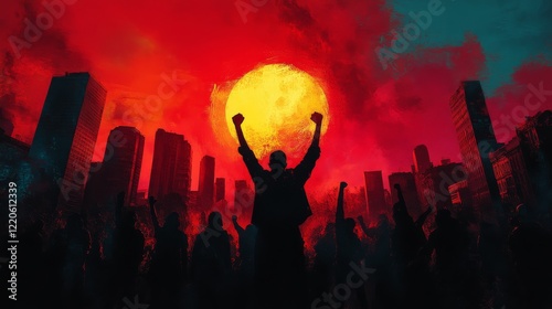 A fiery sunset fuels collective uprising in city silhouette where silhouetted figures with raised fist  express solidarity and challenge