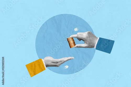 Donate, donation, invest, investment, saving moneyt, profit and savings concept. Creative art collage of hand donation coins and passes it to the other hand