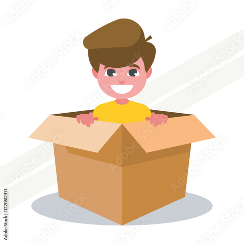 A boy inside a box representing curiosity and playfulness