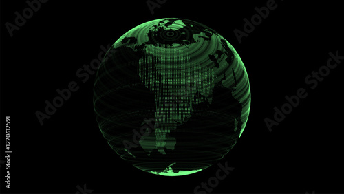 Virtual security green planet Earth managing ai. Abstract network connection on digital background. Vector technology processing data in galaxy. Futuristic 3D wireframe sphere. Globe polygon.