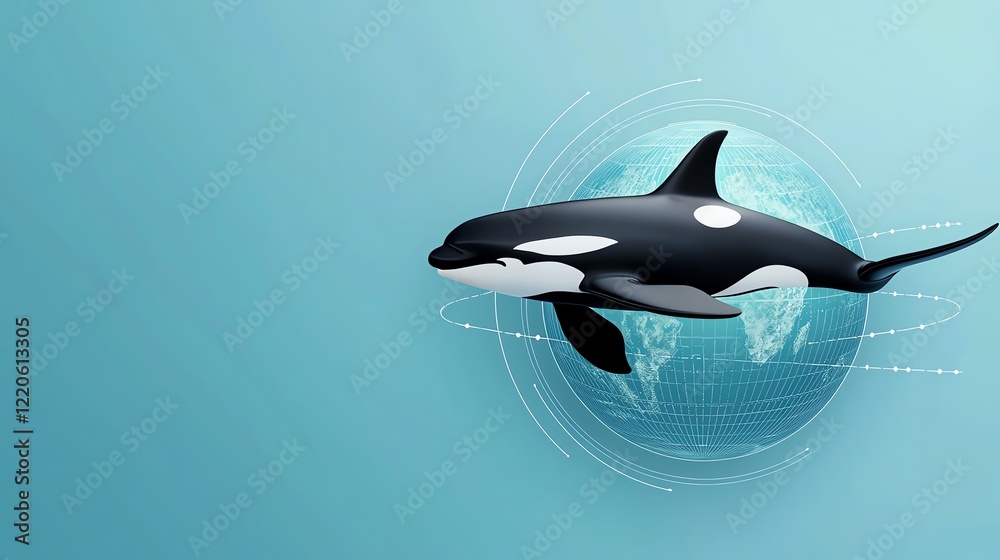 Obraz premium A sleek orca swims against a digital backdrop, symbolizing the blend of nature and technology in a serene blue environment.
