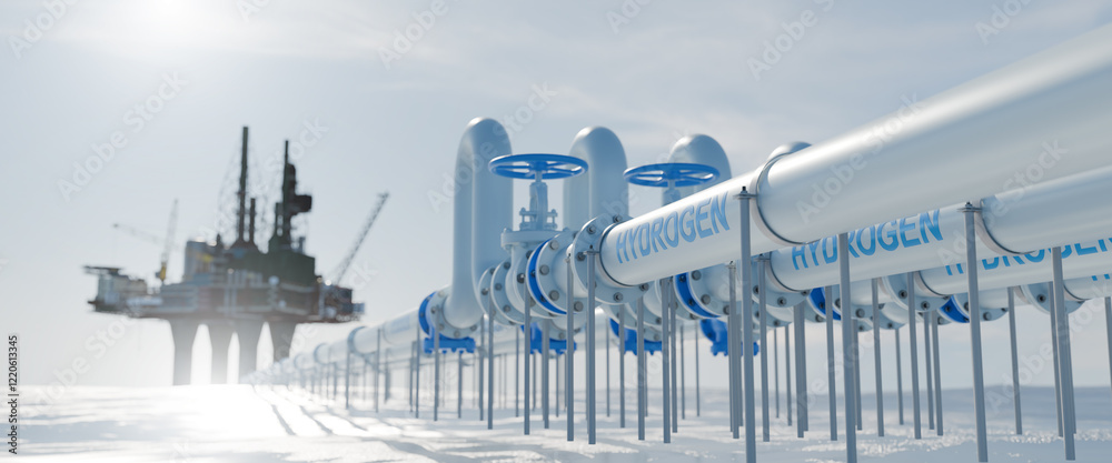 Fototapeta premium hydrogen pipeline of energy sector towards to ecology,carbon credit,Clean Energy,secure,carbon neutral,transformation,solar,power plant and energy sources balance to replace natural gas.3d rendering.
