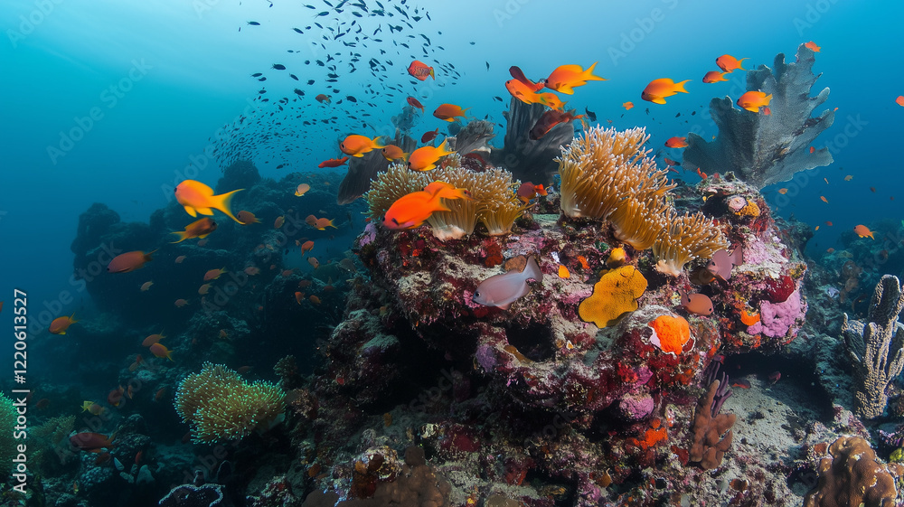 Naklejka premium Vibrant Coral Reef With Diverse Marine Life And Colorful Fish