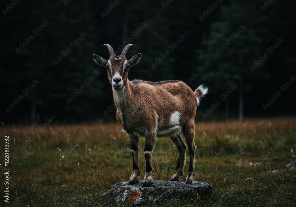 A realistic portrait photograph of a goat looking far in a field with tall grass A realistic portrait photograph of a goat looking far in a field with tall grass