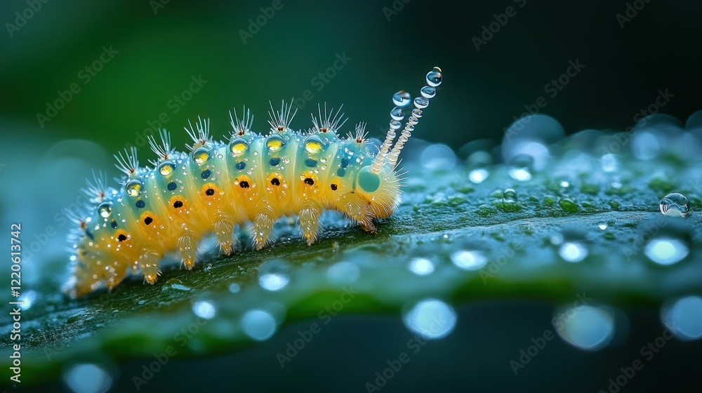 Naklejka premium Vibrant caterpillar crawling on a dew-covered leaf.