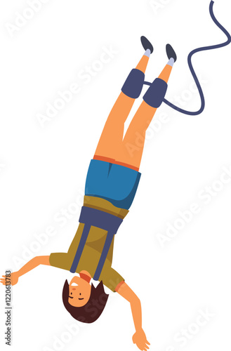 Young smiling woman hanging upside down, falling from height with bungee, enjoying extreme weekend activity