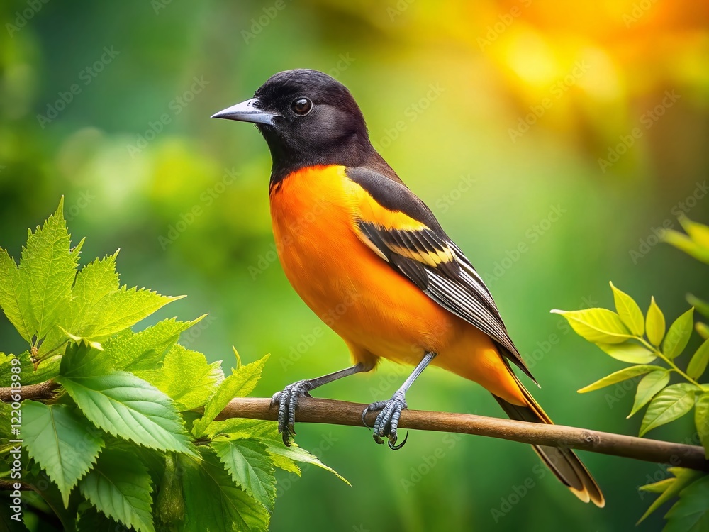 Fototapeta premium Baltimore Oriole Bird on Branch, Green Forest Background - Wildlife Stock Photo