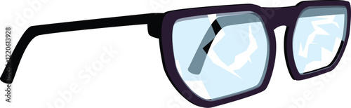 Broken eyeglasses with cracked lenses reflecting light on a white background, depicting the concept of impaired vision