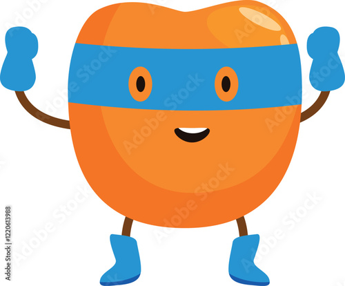 Cartoon superhero fruit wearing blue mask and boots, smiling and raising fists