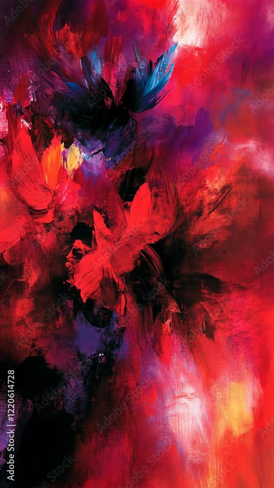 Vibrant abstract artwork showcasing bold red and blue brush strokes with floral elements in a dynamic composition Vibrant abstract artwork showcasing bold red and blue brush strokes with floral elements in a dynamic composition