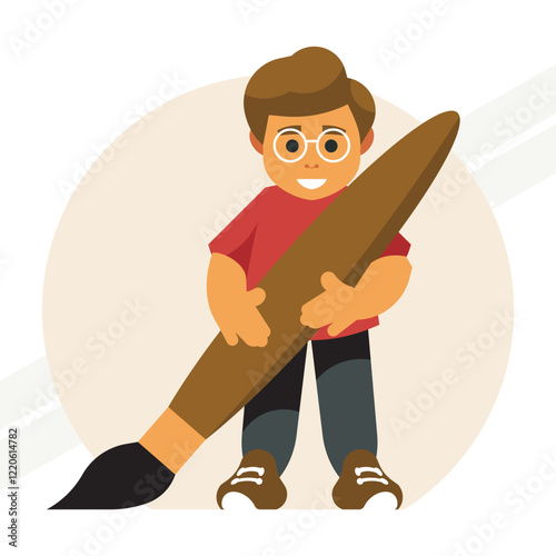 A boy with a big brush representing creativity and art