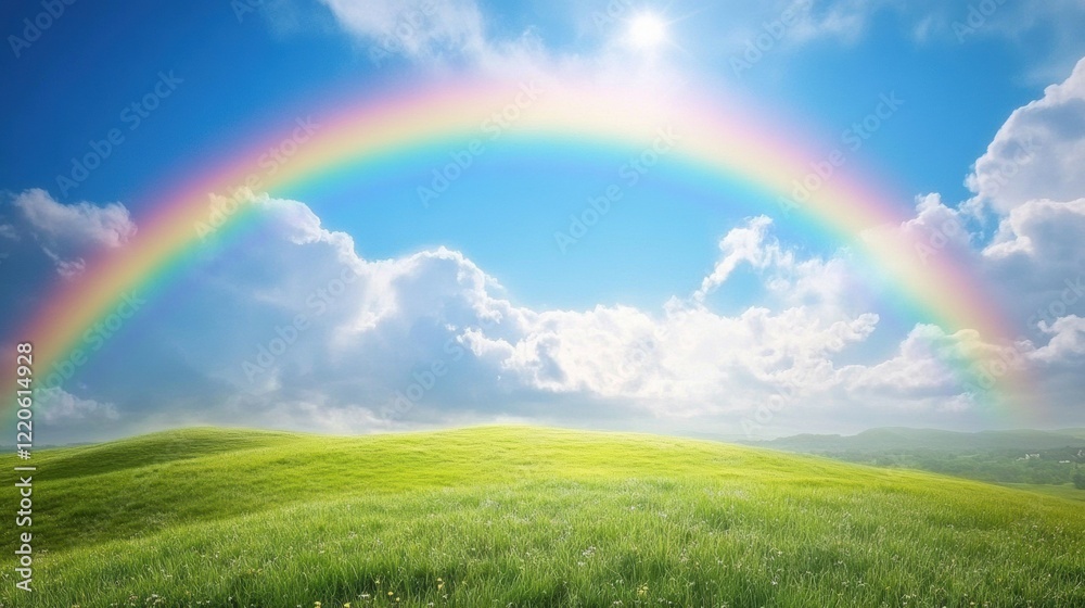 Double rainbow glowing over rolling green hills after a rainstorm Double rainbow glowing over rolling green hills after a rainstorm