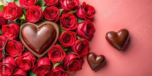 Heart shaped chocolate valentine gift surrounded by red roses on pink background, Valentine's Day decoration , heart-shaped