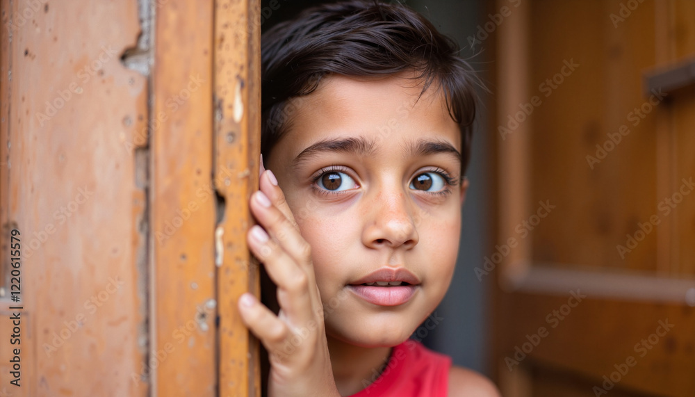 Fearful young Indian boy peeking from behind door, childhood anxiety