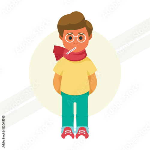 A boy with a thermometer in his mouth representing health and sickness
