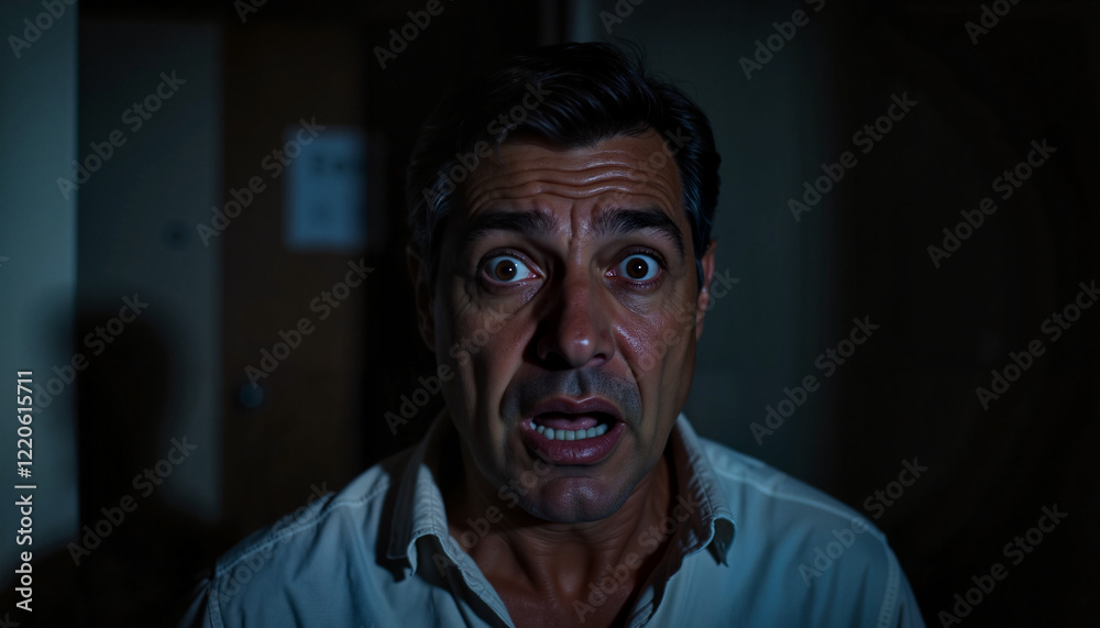 Man in fear retreating in dark indoor setting, emotional tension Man in fear retreating in dark indoor setting, emotional tension