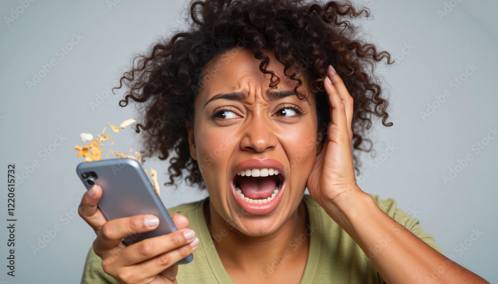 Angry woman expressing frustration with broken mobile phone, technology stress