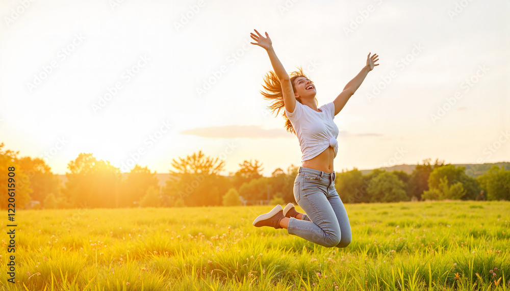 Excited woman leaping in sunny meadow, joy and freedom Excited woman leaping in sunny meadow, joy and freedom