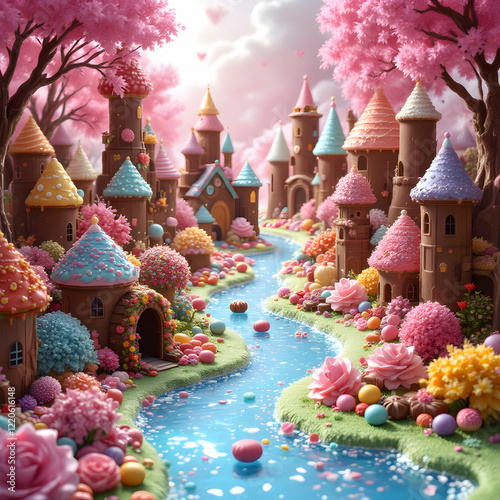 Pastel Chocolate Castles and Candy Flowers by a Blue Stream