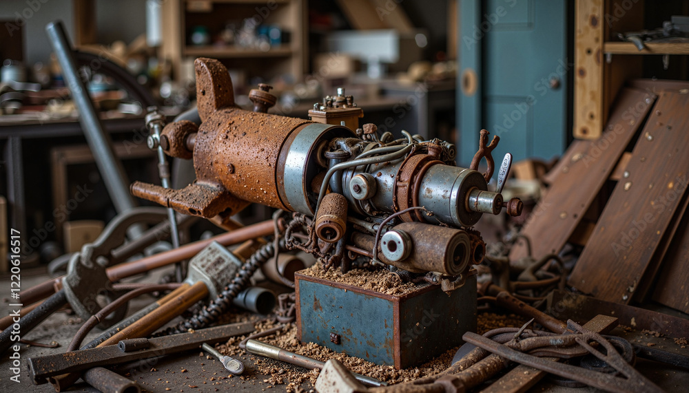 Rusty aircraft engine surrounded by cluttered tools in garage, industrial decay