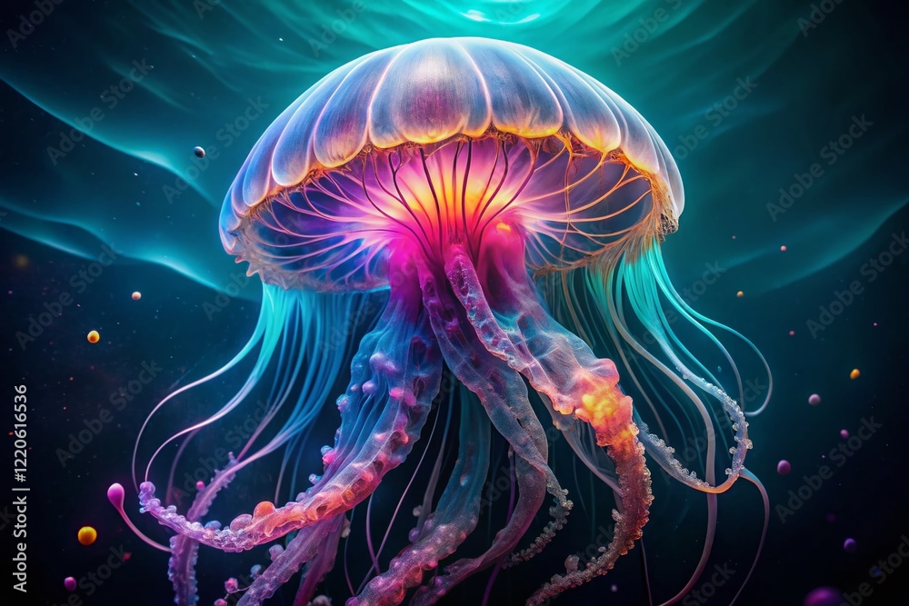Naklejka premium Bioluminescent Jellyfish Drone Shot: Vibrant Underwater Glow