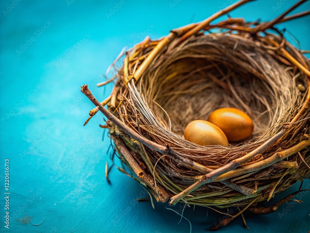 Bird's Nest on Vibrant Blue Background - Spring Nature Stock Photo Bird's Nest on Vibrant Blue Background - Spring Nature Stock Photo