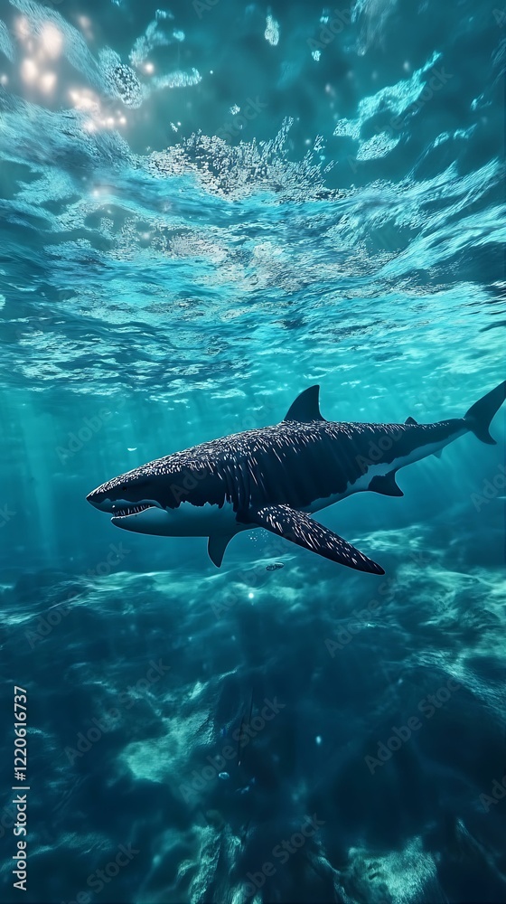 Fototapeta premium A Powerful Shark Swimming Beneath Sparkling Water in a Deep Blue Ocean Environment.