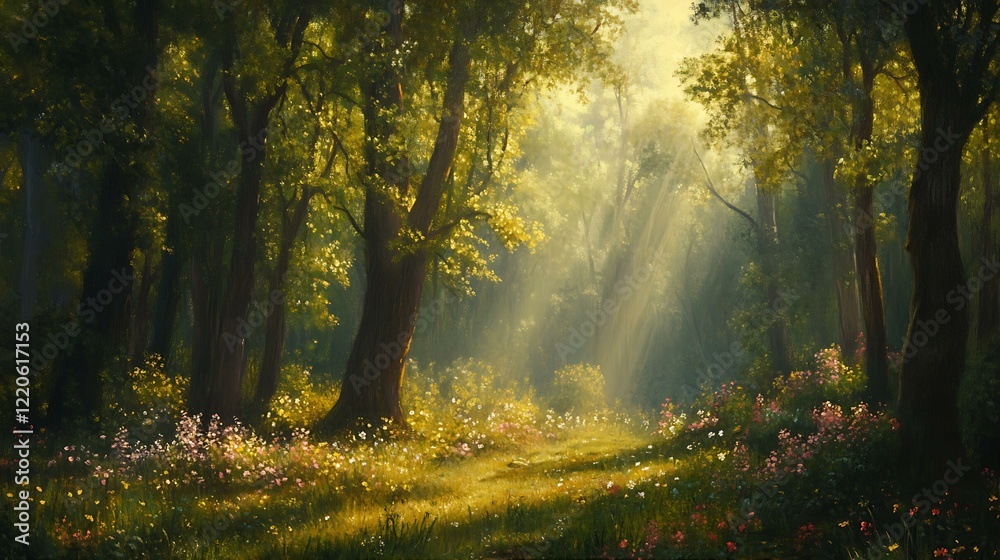 A Serene Forest Path Beckons with Sunlit Rays in the Tranquil Woodland. A Serene Forest Path Beckons with Sunlit Rays in the Tranquil Woodland.