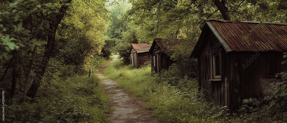 A tranquil path leads through dense woods, flanked by rustic cabins, evoking a sense of peaceful escape and connection with nature's embrace. A tranquil path leads through dense woods, flanked by rustic cabins, evoking a sense of peaceful escape and connection with nature's embrace.