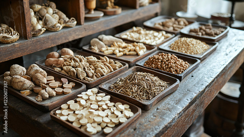 A neatly arranged selection of dried Chinese herbs on a wooden tray, with natural light casting soft shadows and highlighting their textures photo