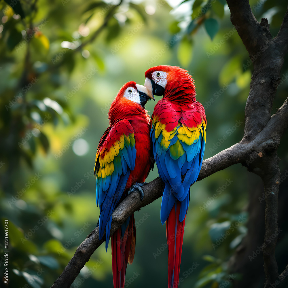Two Vibrant Macaws Perched on a Branch in a Lush Green Tropical Setting Two Vibrant Macaws Perched on a Branch in a Lush Green Tropical Setting