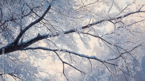 Frost crystals covering tree branches during a still winter morning
