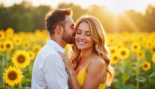 Ear whispering love Romantic couple in a sunflower field at sunset