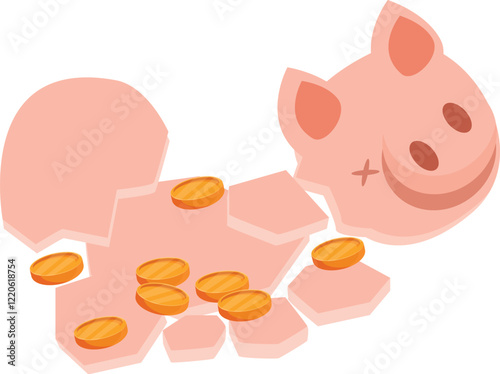 Shattered piggy bank with scattered coins symbolizing bankruptcy, financial crisis, and economic hardship