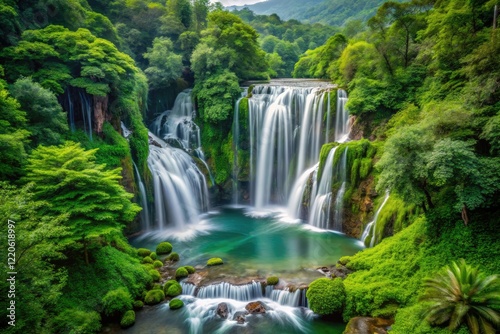 A majestic waterfall cascades through a lush, green forest, captured with a high depth of field long exposure.