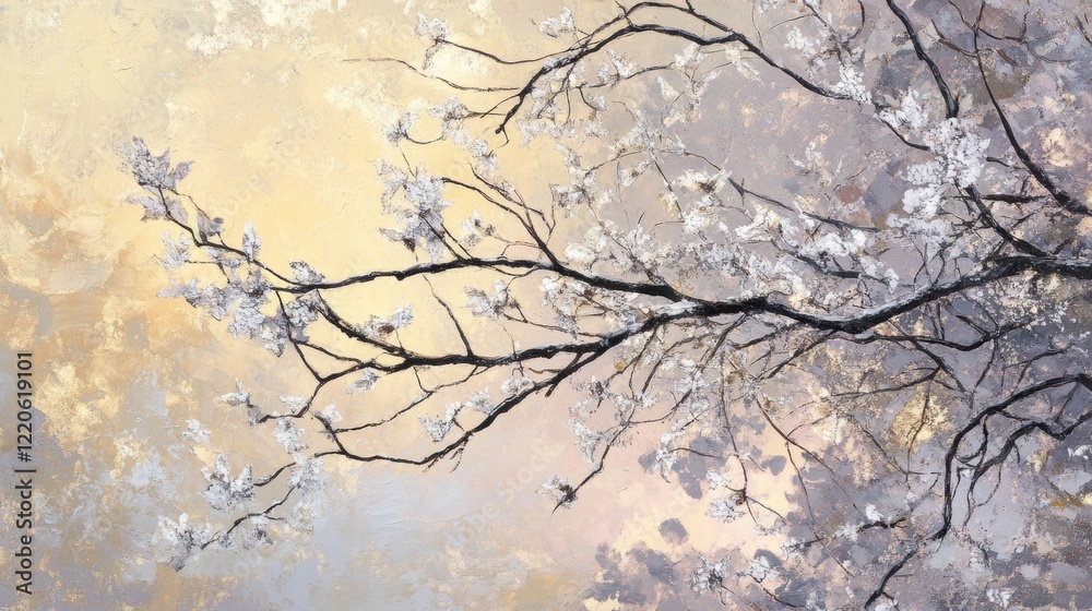 Frosted tree branches glittering under the pale light of dawn Frosted tree branches glittering under the pale light of dawn