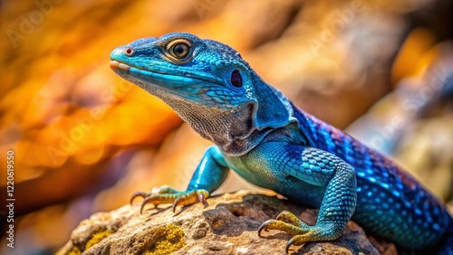 Blauer Felsenleguan (Petrosaurus thalassinus) in its natural habitat, basking on a rock. photo