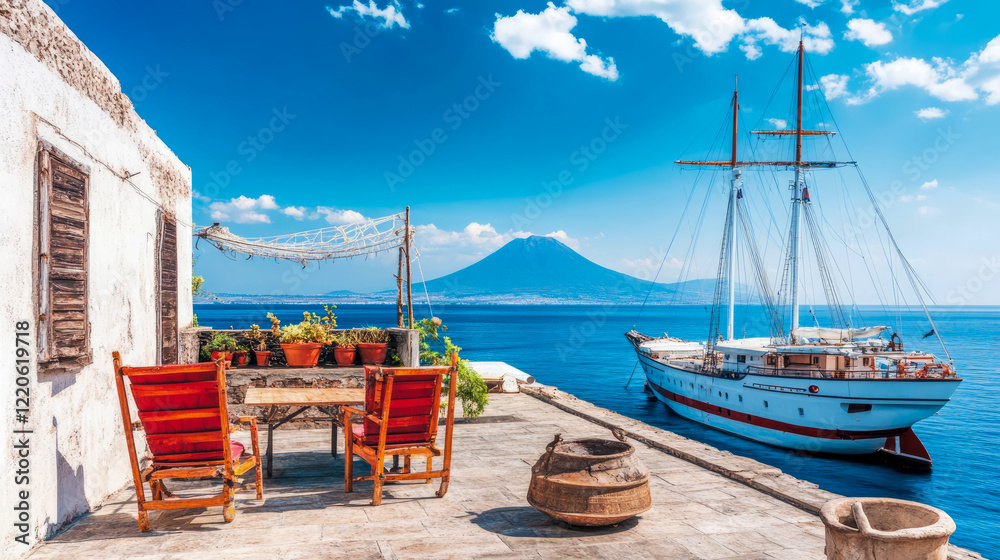 Fototapeta premium Mediterranean Coastal Scene: Volcano View, Sailboat, and Rustic Patio