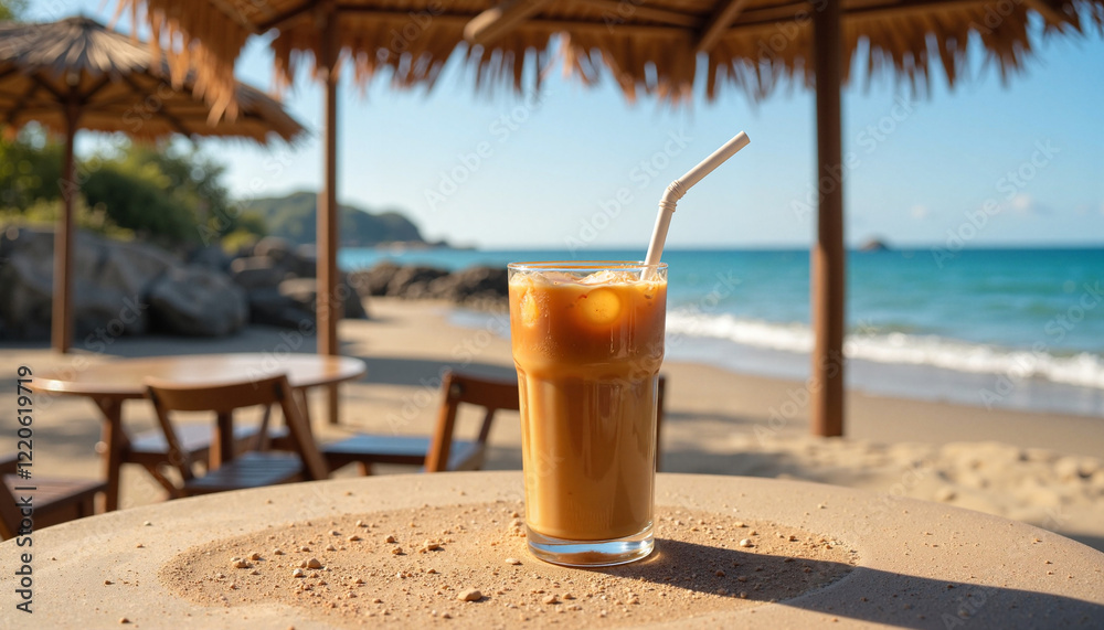 Iced coffee in seaside café with straw roof, summer relaxation Iced coffee in seaside café with straw roof, summer relaxation