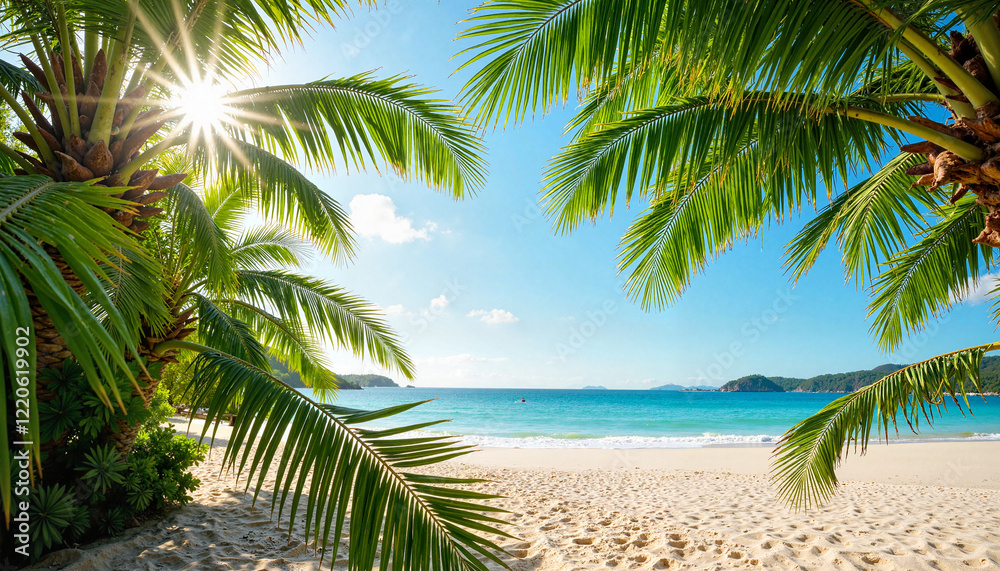 Obraz premium Sunlight filtering through palm fronds at sunny beach, tropical paradise